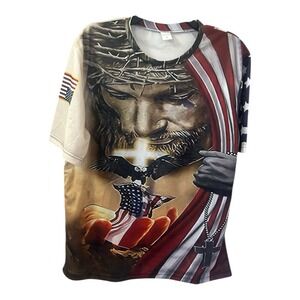 JESUS CROWN OF THORNS CROSS AMERICAN FLAG EAGLE UNDER GOD USA T-SHIRT Size L